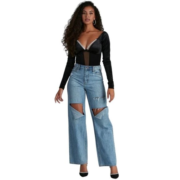 NWT Windsor Womens Bodysuit Size L Rhinestone Long Sleeve Sparkle Embellished - Picture 2 of 12